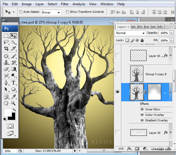 Golden apple tree. Magic scene. Adobe Photoshop Tutorial.